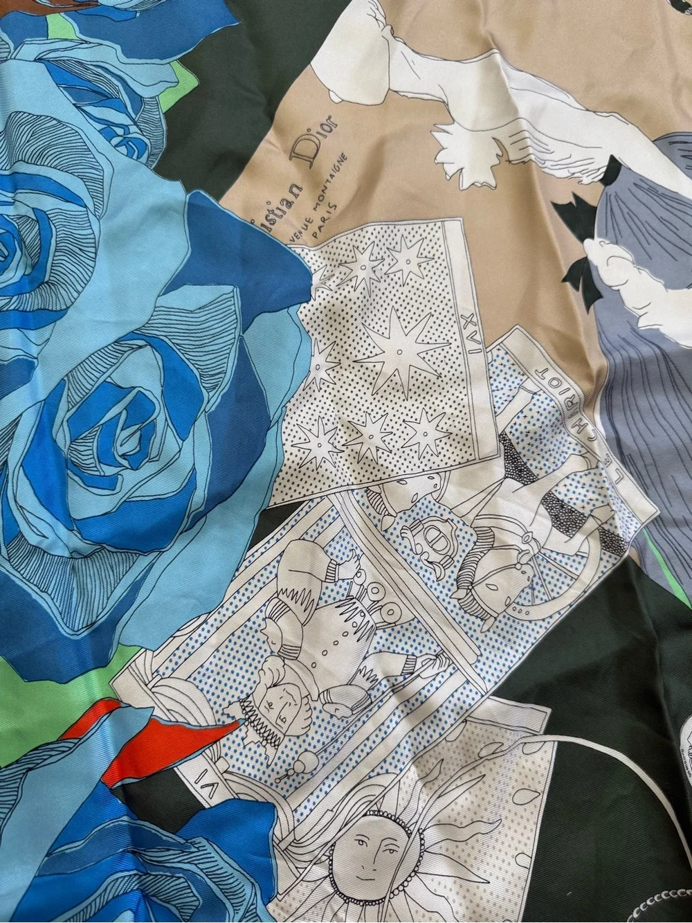 Dior Navy and Cream Silk Scarf with Orange Accent